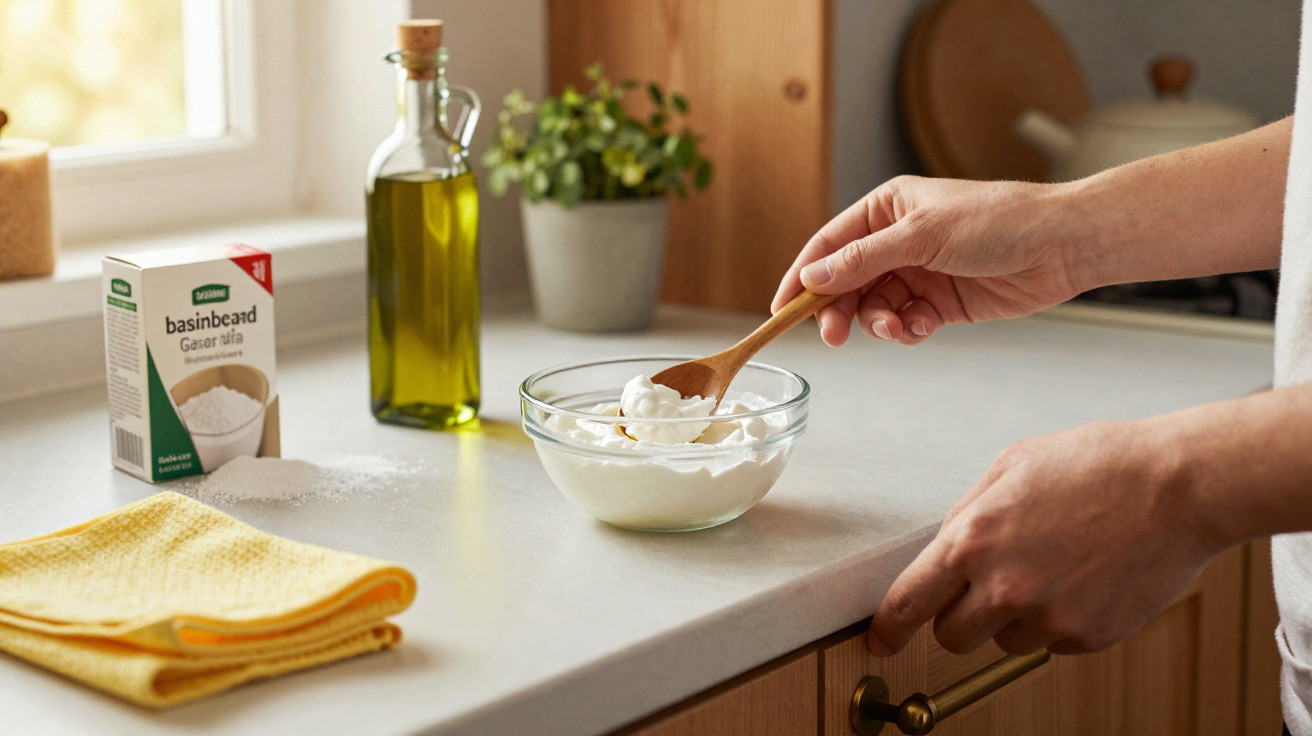 Mãos a mexer creme branco numa taça de vidro, com azeite, sal e pano amarelo numa bancada de cozinha.