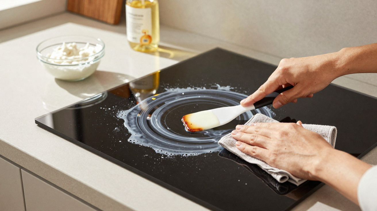 Mãos a limpar placa vitrocerâmica com espátula e pano, com detergente e óleo na bancada da cozinha.