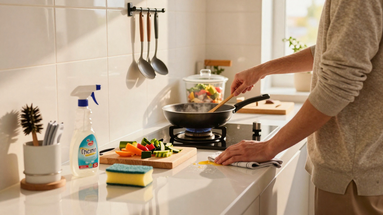 Pessoa a cozinhar legumes numa frigideira numa cozinha moderna e bem iluminada.