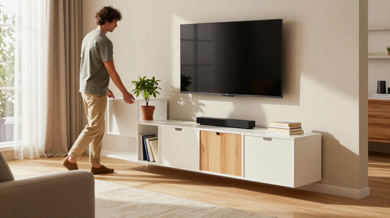 Homem arrumando móvel branco de sala com televisão de ecrã plano montada na parede.