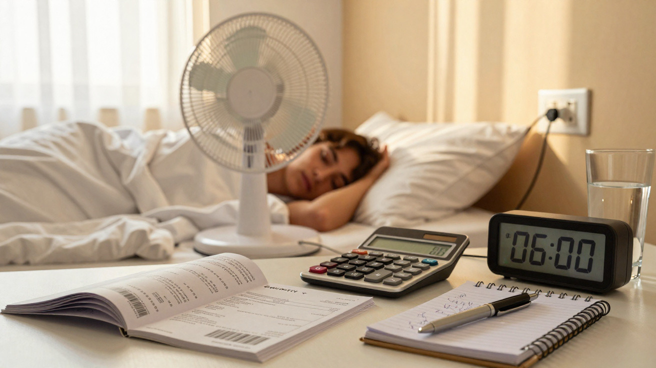 Pessoa a dormir na cama com ventilador, despertador, calculadora, caderno e copo de água numa mesa próxima.