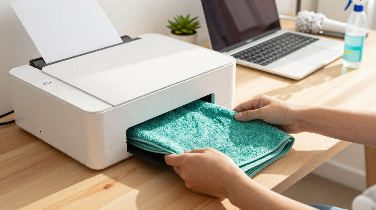 Mãos a retirar uma toalha verde de uma impressora branca numa secretária com computador portátil.