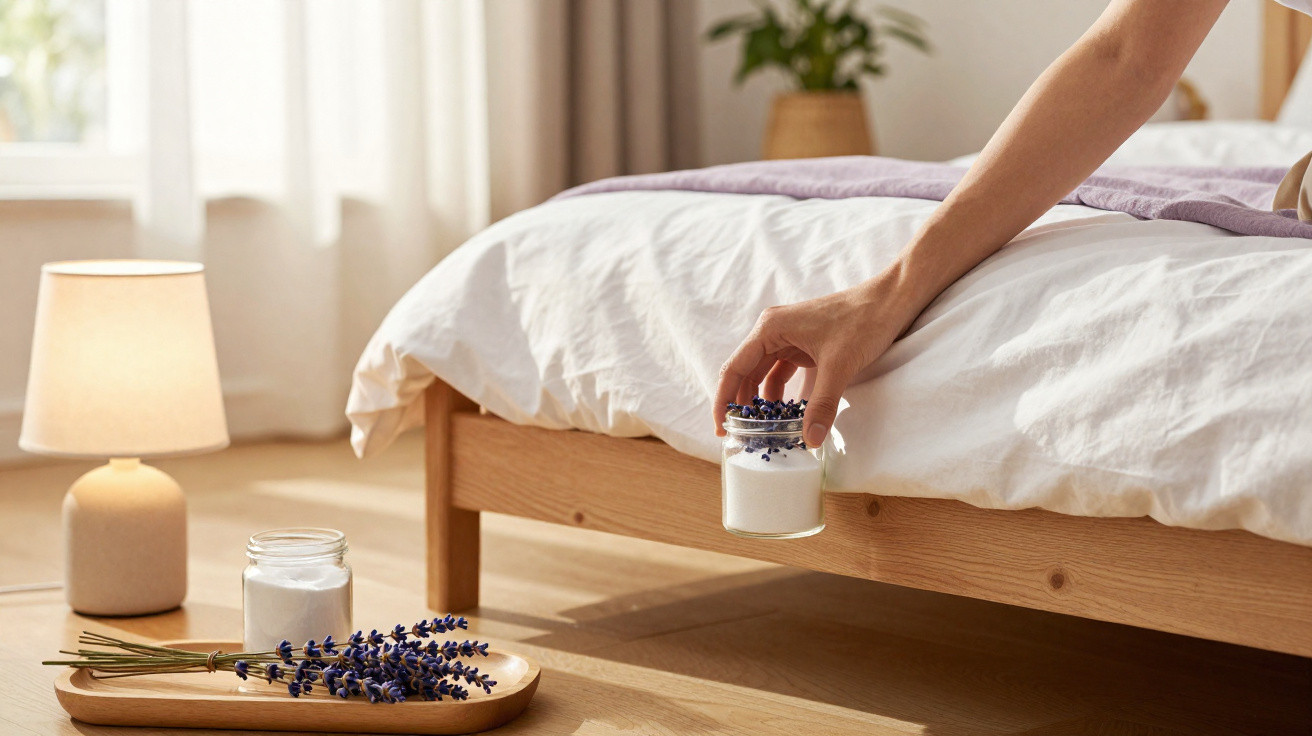 Mão a colocar vela aromática de lavanda junto a cama em quarto iluminado com candeeiro ligado.