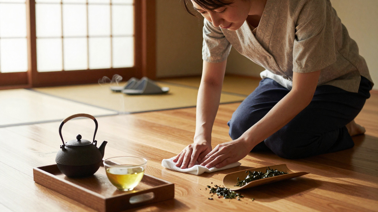 Pessoa a limpar o chão de madeira numa sala tradicional japonesa com chá e chávena num tabuleiro.