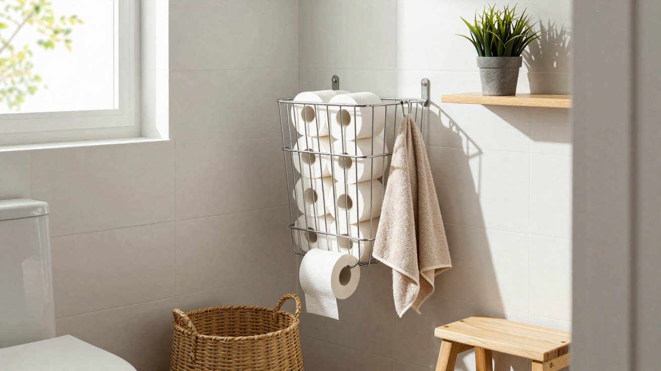 Casa de banho minimalista com janela, suporte metálico com rolos de papel higiénico, toalha, cesto de vime e banco de madeira