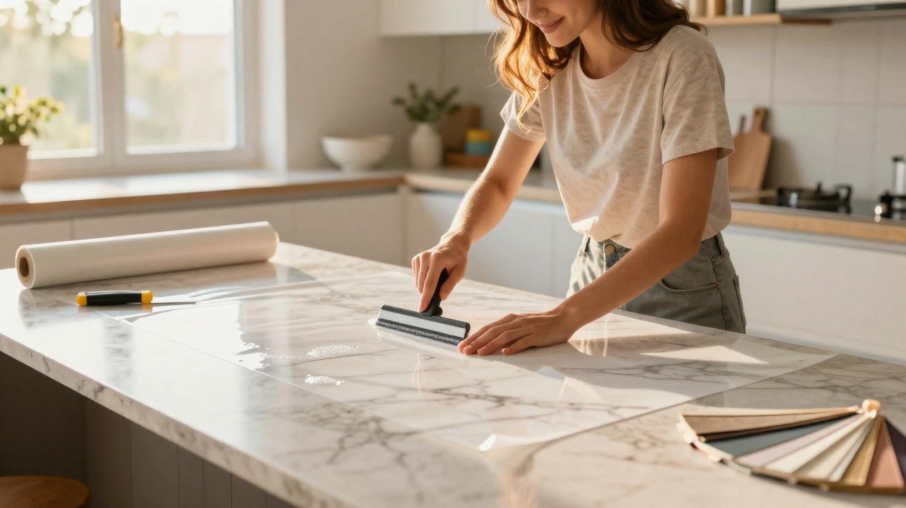 Mulher a aplicar vinil transparente numa bancada de cozinha luminosa com ferramentas ao lado.
