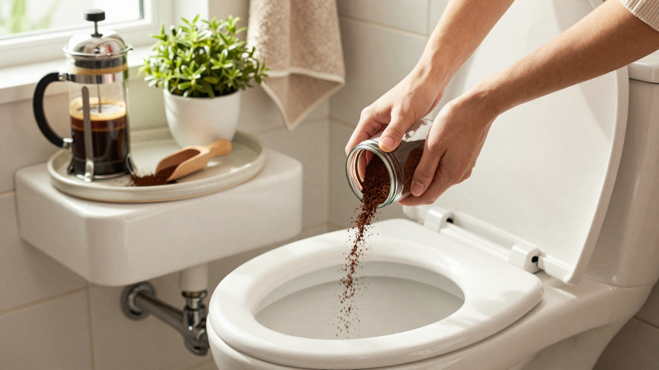 Pessoa a deitar pó de café usado numa sanita numa casa de banho moderna.