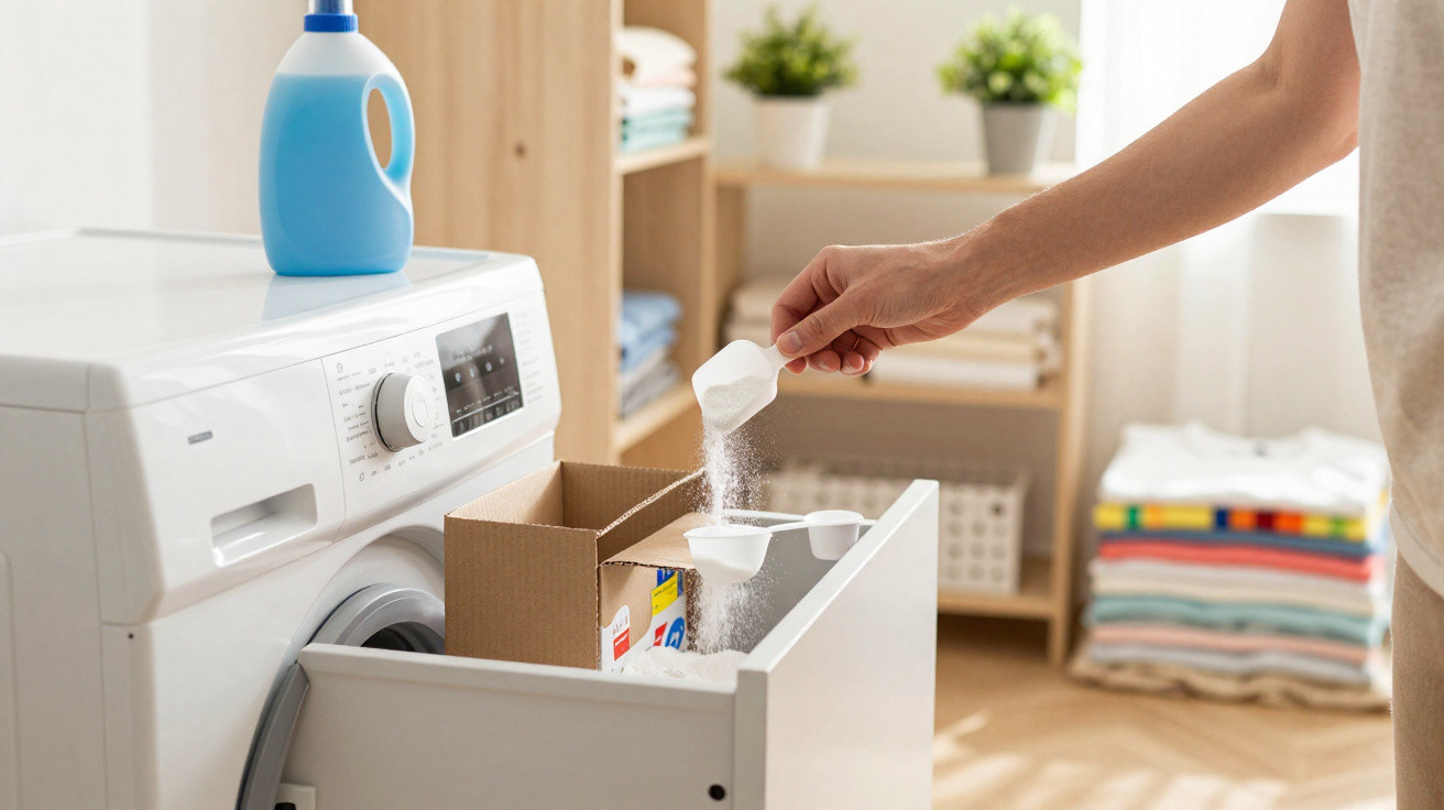 Pessoa a deitar detergente em pó numa máquina de lavar roupa branca numa divisão organizada.