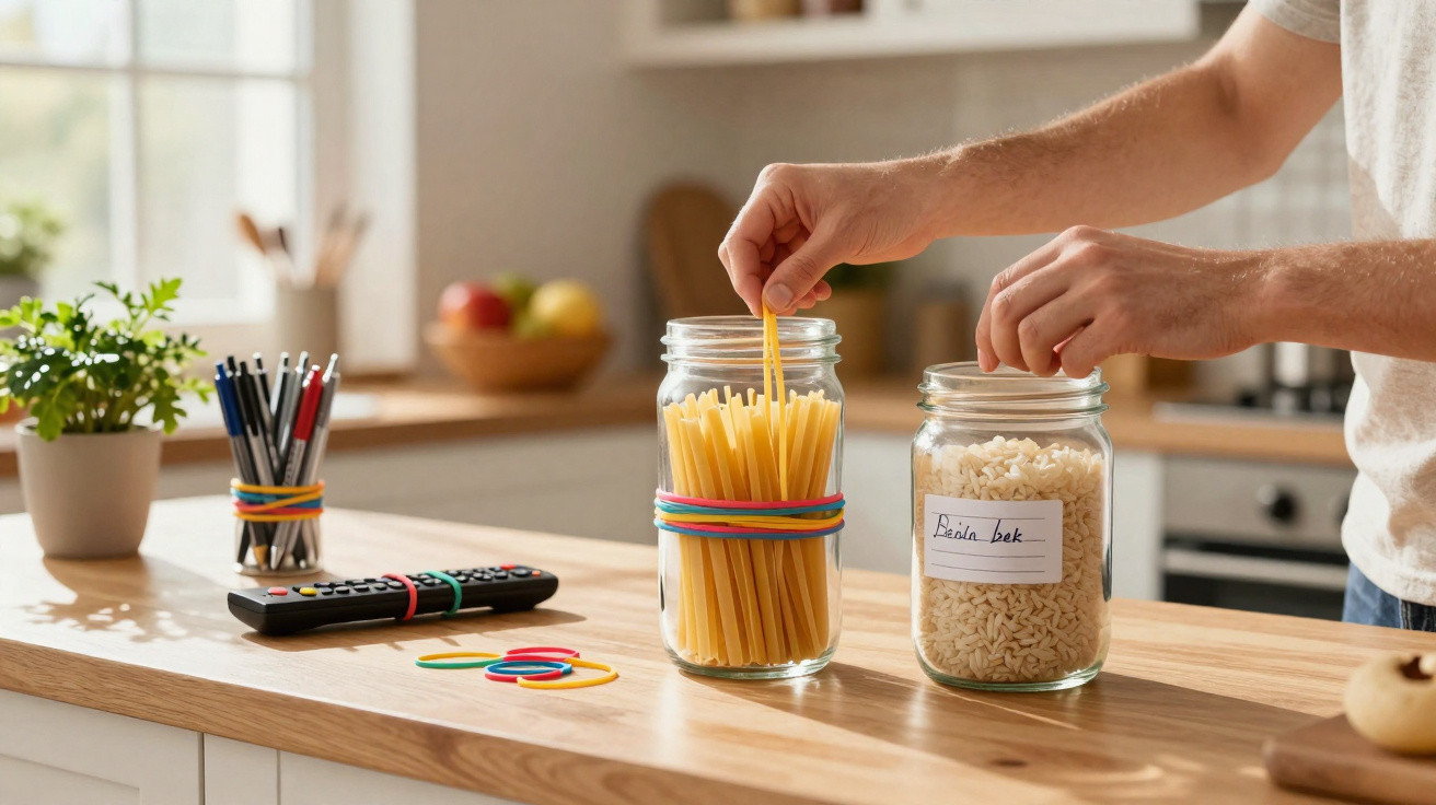 Pessoa a organizar espaguete e arroz em frascos de vidro com elásticos coloridos numa cozinha.