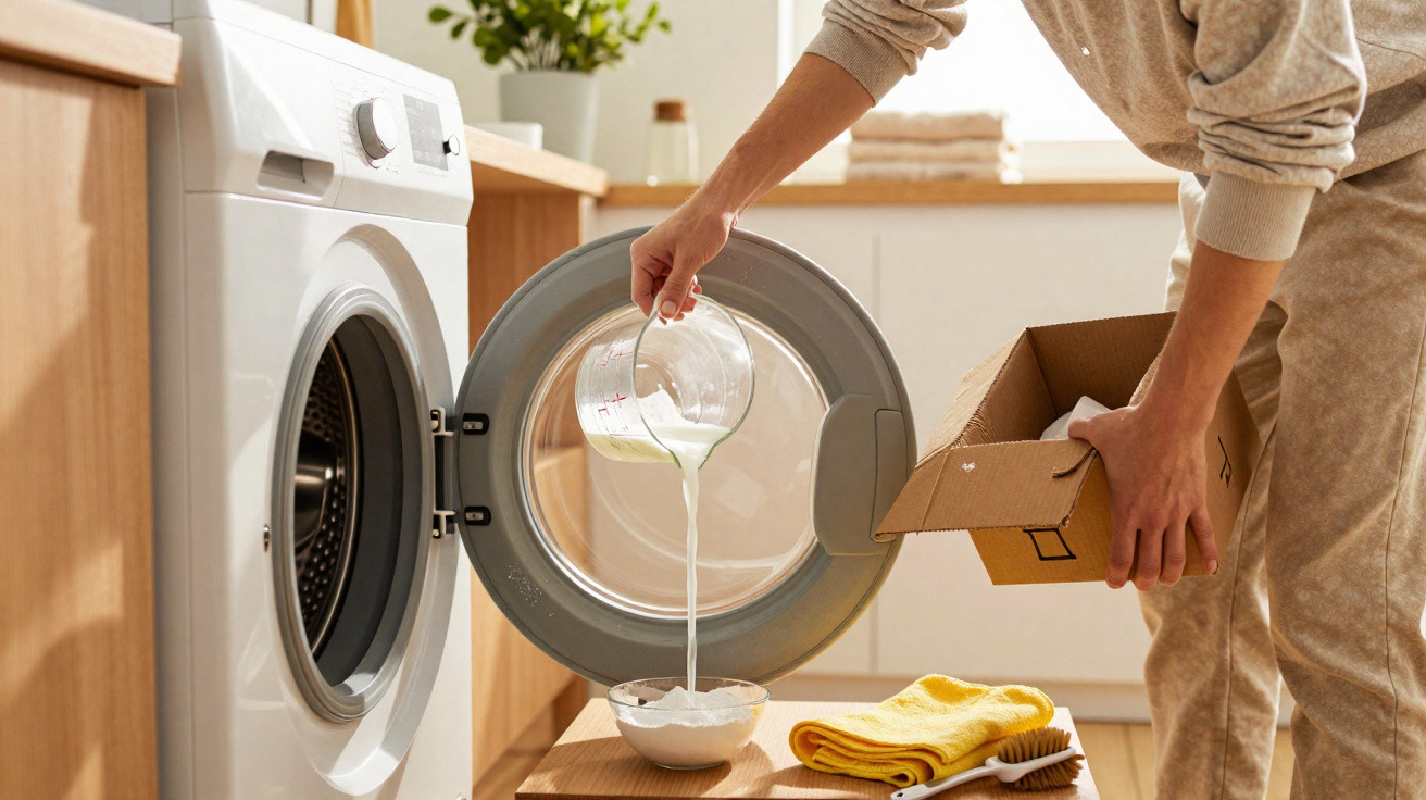 Pessoa a verter detergente líquido numa tigela perto de uma máquina de lavar roupa branca numa casa.