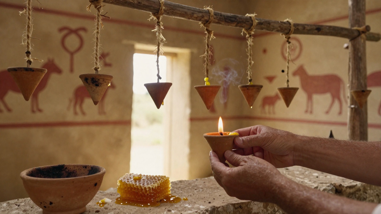 Mãos a acender uma vela de barro num espaço decorado com pinturas rupestres e favos de mel sobre a pedra.
