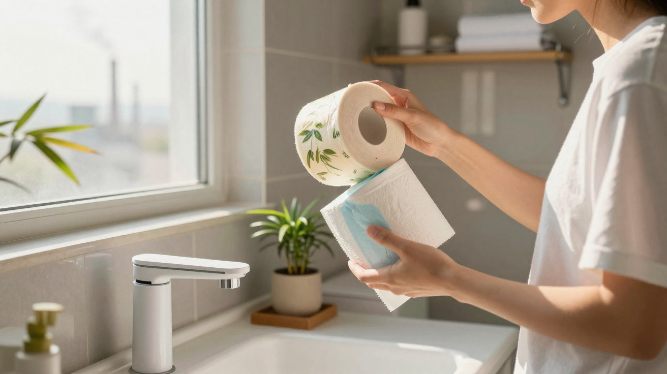 Pessoa a segurar dois rolos de papel higiénico num lavabo com plantas e janela ao fundo.