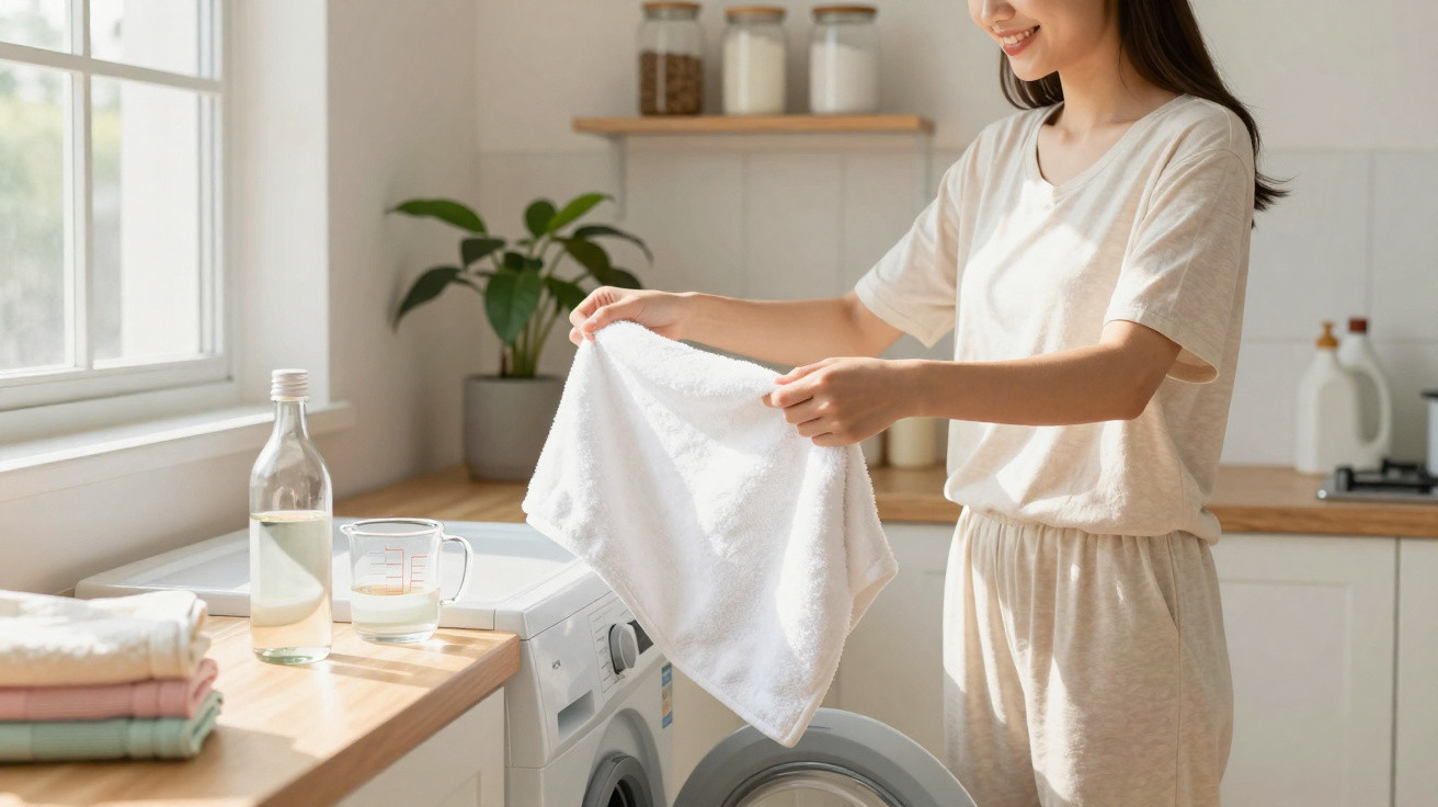 Mulher a retirar uma toalha branca da máquina de lavar na cozinha iluminada a luz natural.