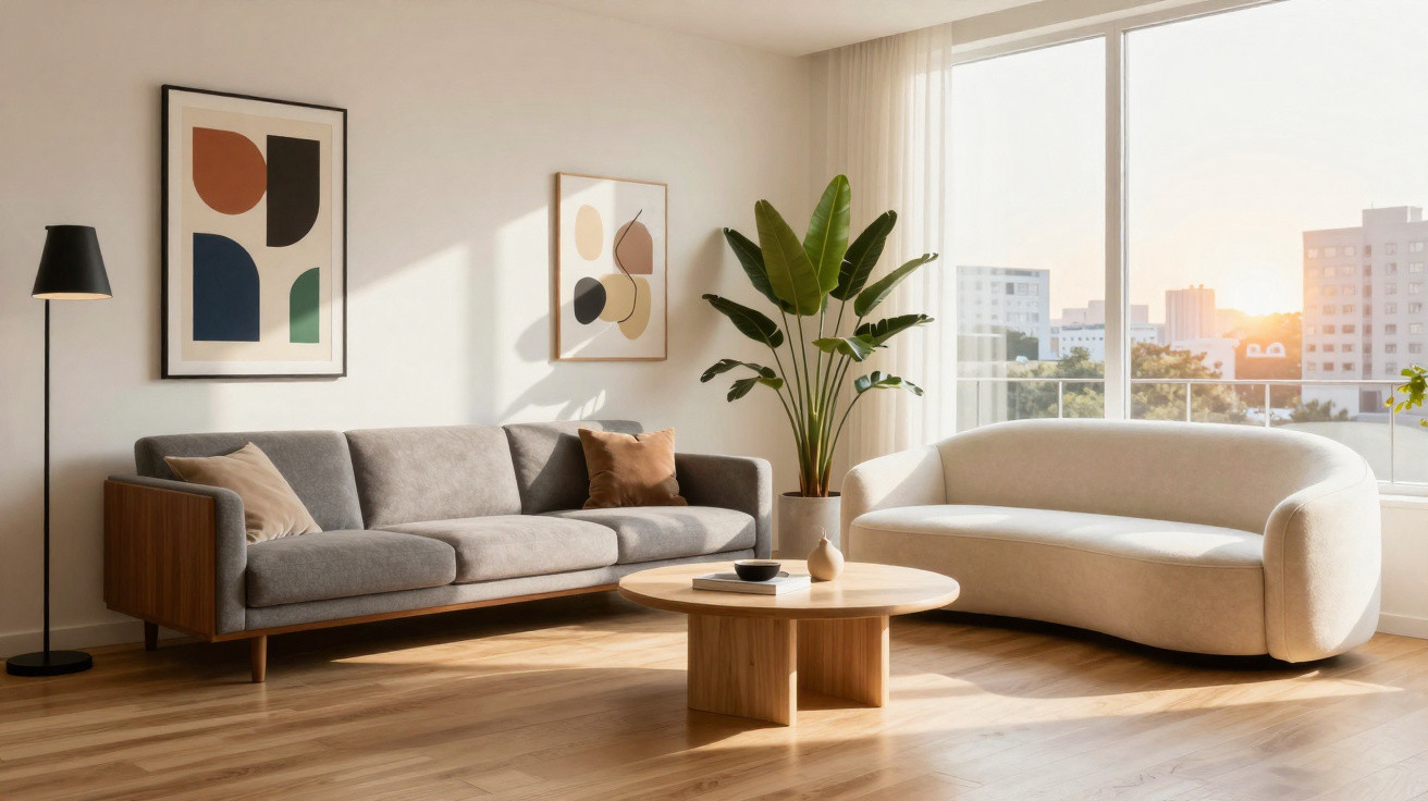 Sala de estar moderna com sofá cinzento, sofá bege curvo, mesa de madeira, plantas e luz natural ao entardecer.