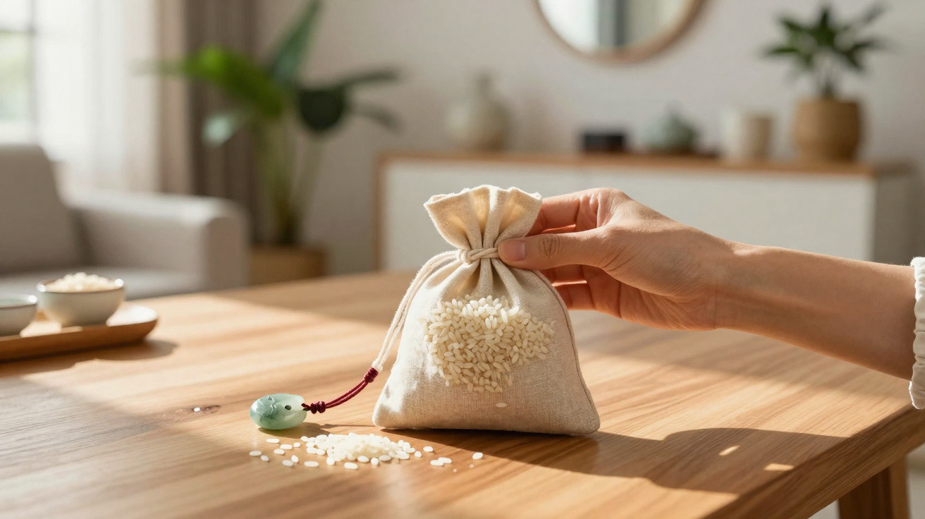 Mão segura saco de pano com arroz ao lado de alguns grãos espalhados sobre uma mesa de madeira clara.