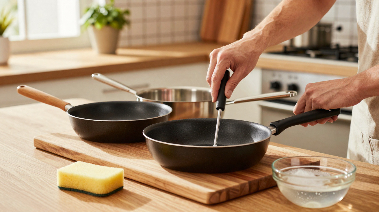 Pessoa a limpar frigideira com esponja numa cozinha moderna, com utensílios ao fundo.