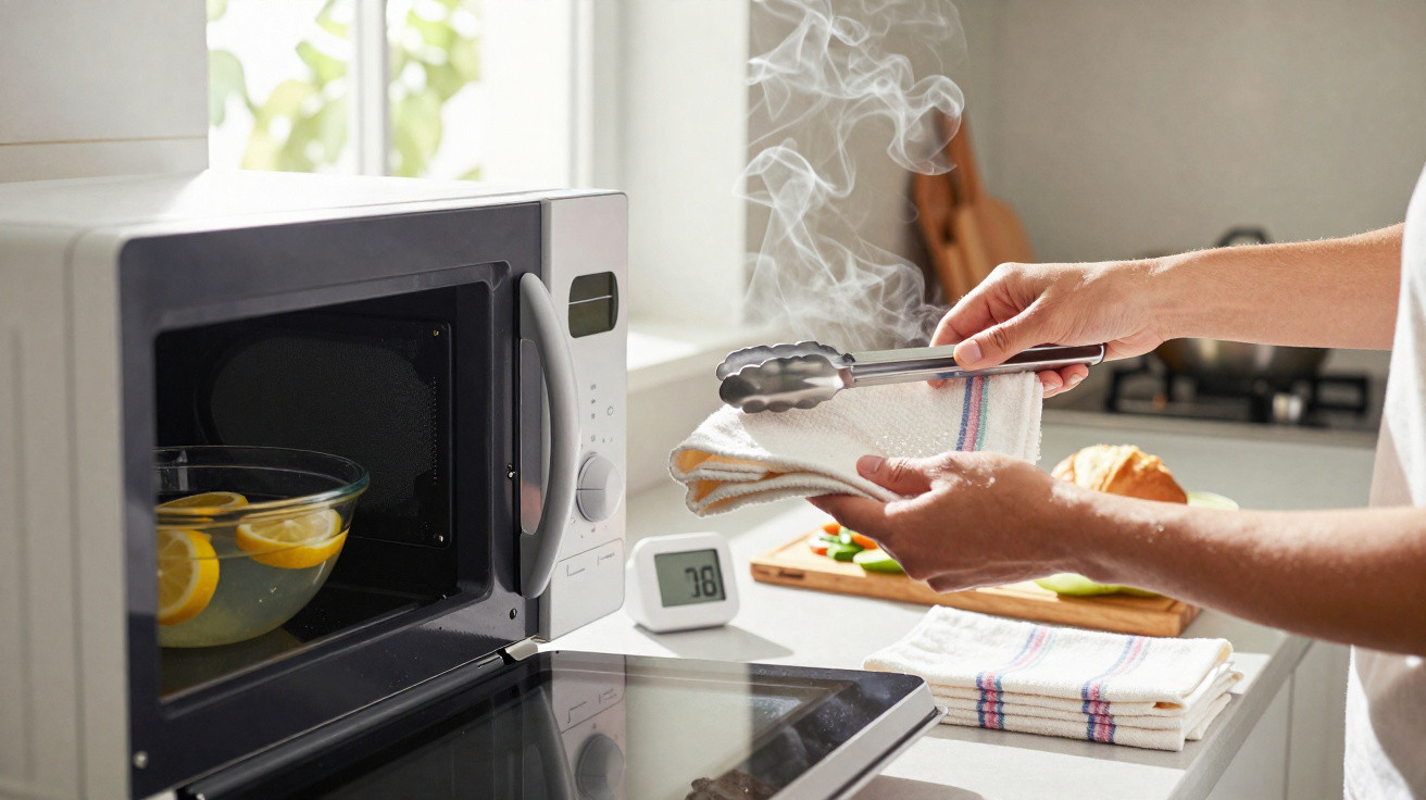 Pessoa a retirar um recipiente quente do micro-ondas usando um pano e pinça numa cozinha moderna.
