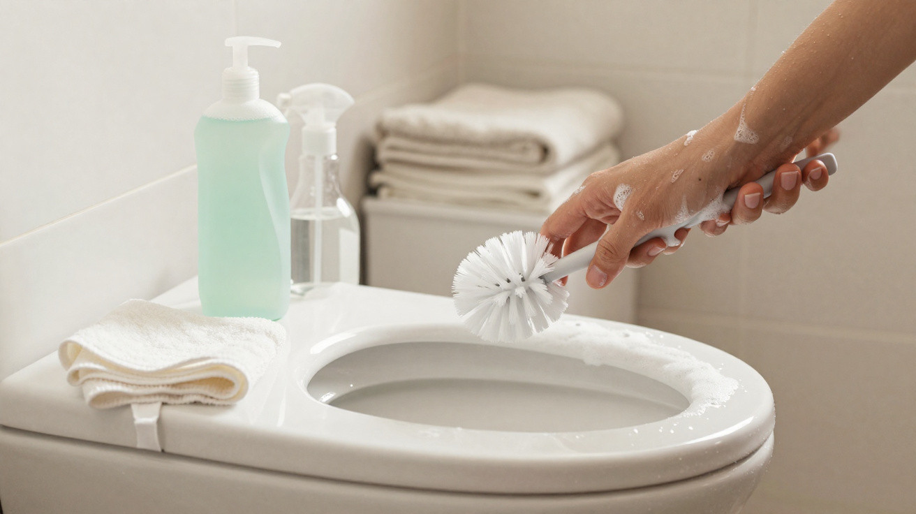 Mão a limpar a sanita com escova e espuma, com toalhas e produtos de limpeza ao fundo num WC.