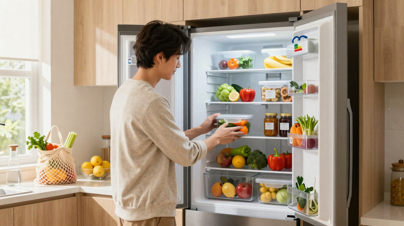 Homem a organizar legumes frescos em tupperware dentro de frigorífico aberto numa cozinha moderna.