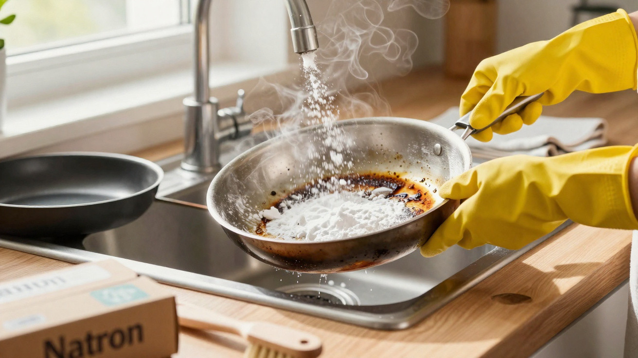 Pessoa a usar luvas amarelas a polvilhar bicarbonato numa frigideira que está a ser lavada na pia da cozinha.