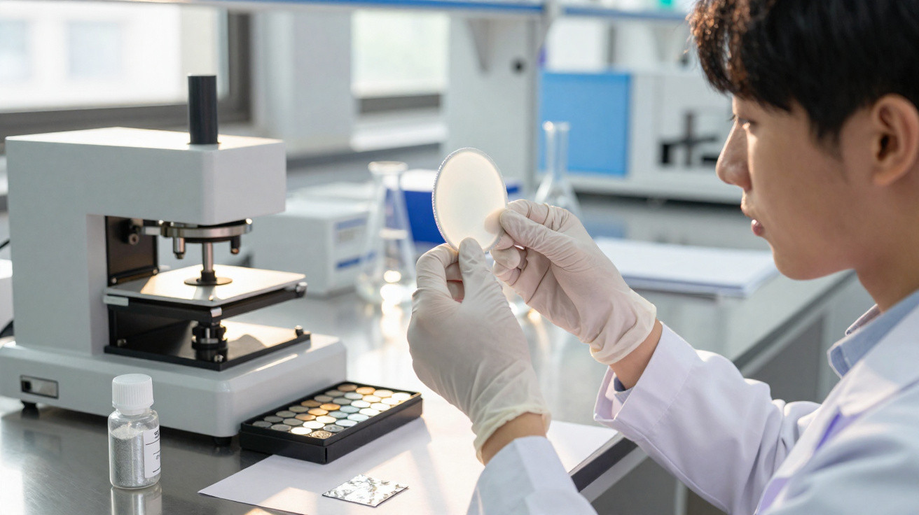 Cientista de luvas brancas examina placa de Petri numa sala de laboratório com microscópio e materiais.