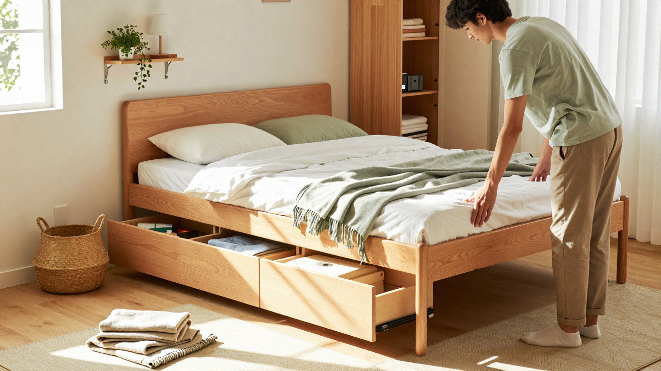 Quarto iluminado com cama de madeira, gavetas abertas e pessoa a arrumar a roupa de cama.