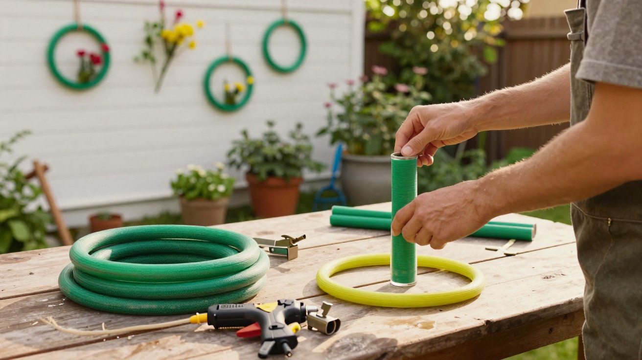 Pessoa a construir decoração de parede com tubos de jardim verdes e pistola de cola numa mesa de madeira.