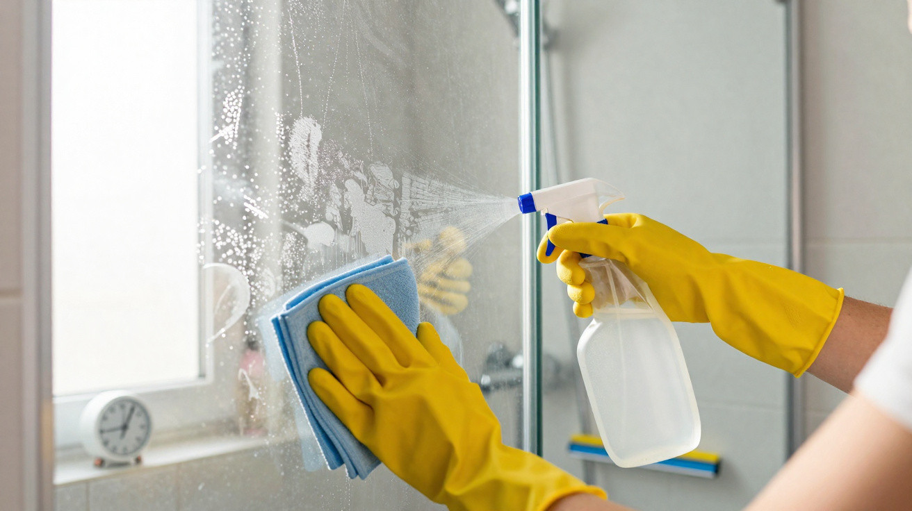 Pessoa com luvas amarelas a limpar espelho com spray e pano azul num ambiente interior.