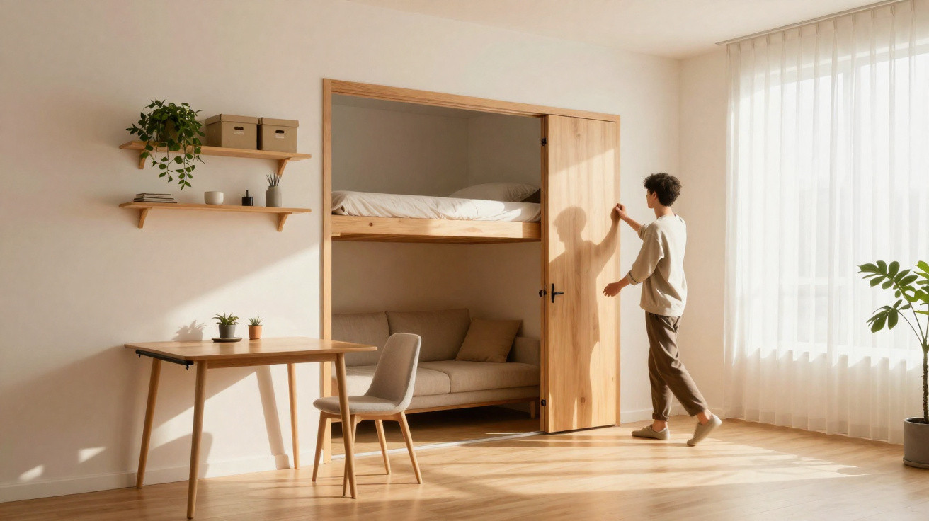 Interior de quarto com cama alta, mesa com cadeira, estantes na parede e luz natural a entrar pela janela.