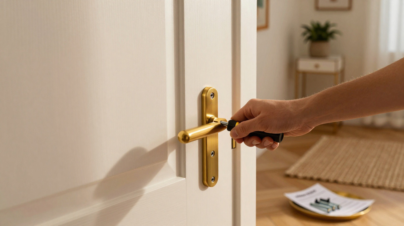 Mão a apertar a maçaneta dourada de uma porta branca com chave num interior de casa.