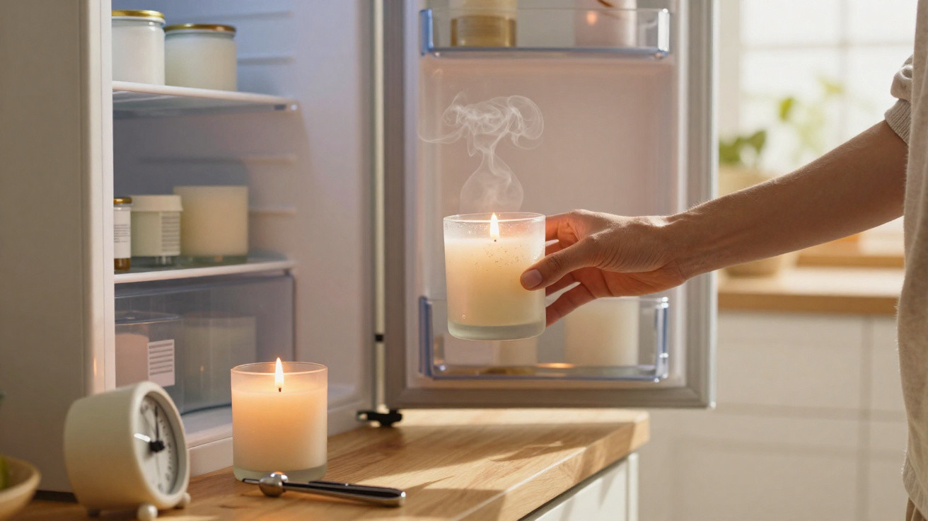 Pessoa a colocar vela acesa dentro de frigorífico aberto numa cozinha iluminada.