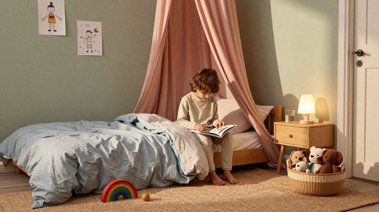 Criança sentada na cama a ler um livro num quarto com luz suave, brinquedos e candeeiro ligado.