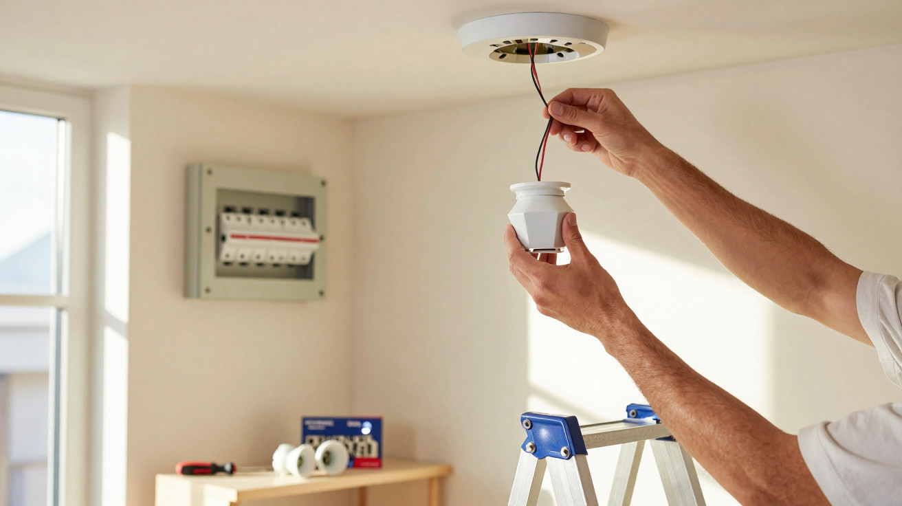 Pessoa a instalar sensor de fumo no teto de uma divisão com caixa de disjuntores ao fundo.