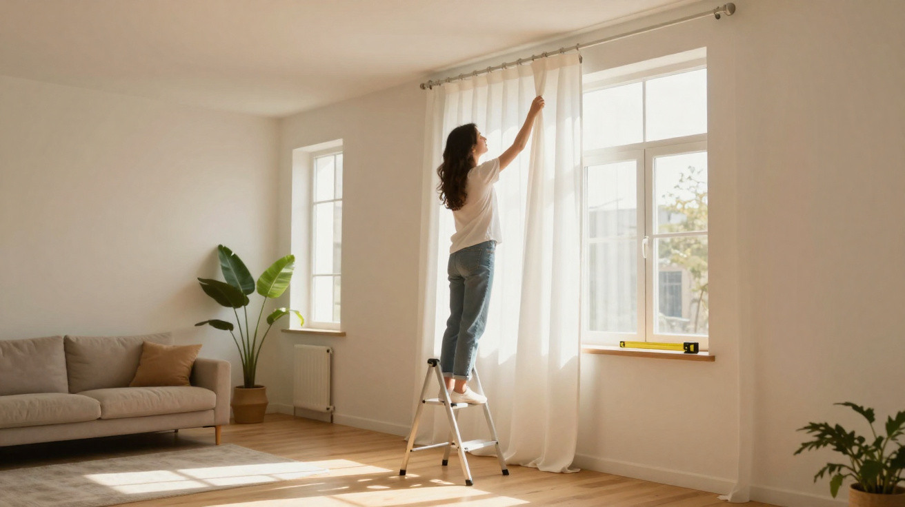 Mulher em pé numa escada a pendurar cortinas brancas numa sala iluminada com sofá e plantas.
