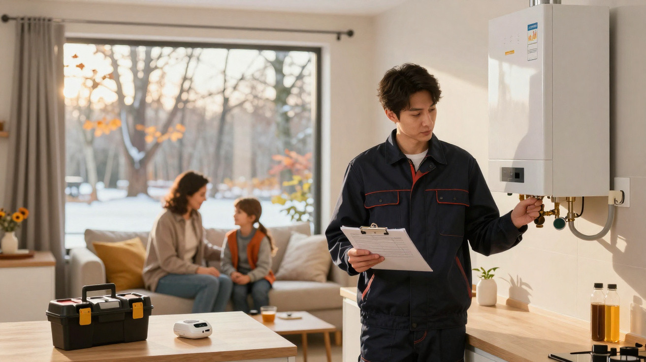 Técnico a inspecionar a caldeira de casa enquanto mãe e filho conversam no sofá ao fundo.