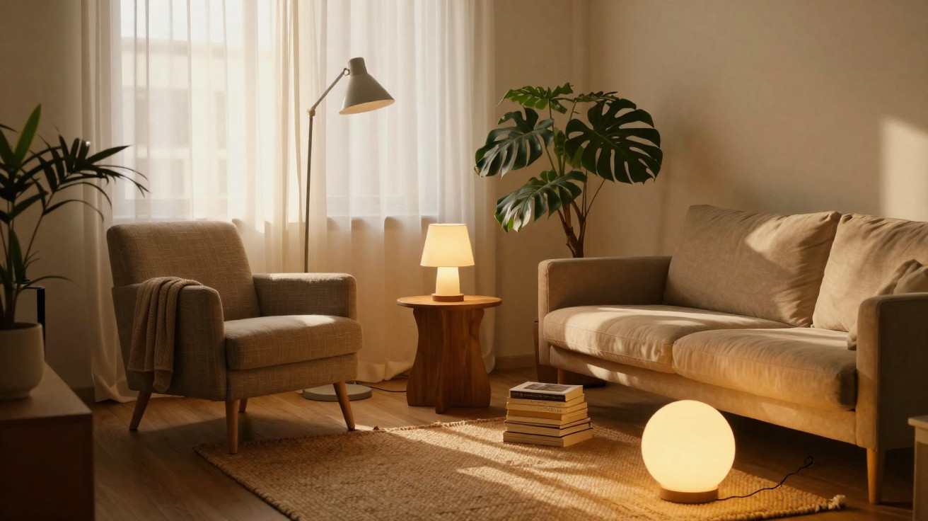 Sala de estar acolhedora com sofá, poltrona, tapete, plantas e iluminação suave de candeeiros.