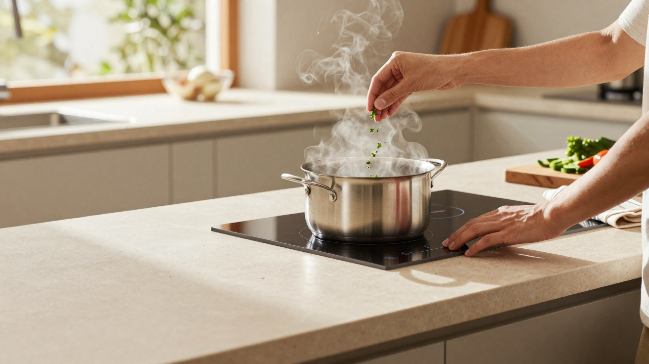 Mãos a temperar uma panela de inox com ervas, em fogão elétrico numa cozinha moderna e iluminada.