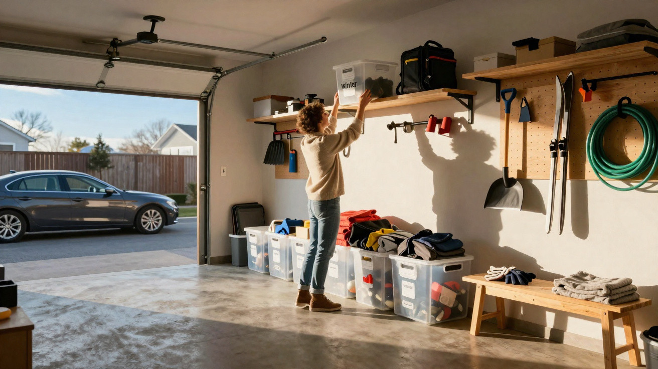 Pessoa organizando caixas numa garagem com ferramentas e carro estacionado à porta aberta.