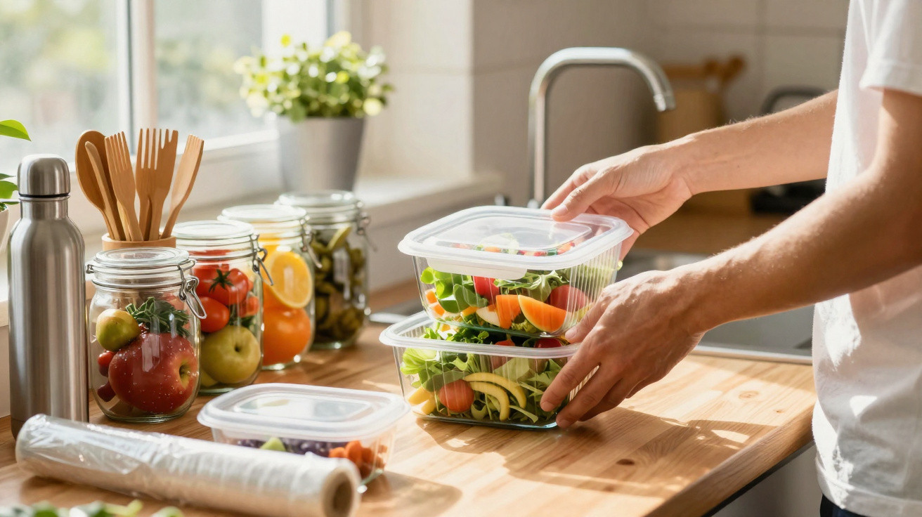 Indivíduo a preparar refeições saudáveis em recipientes plásticos numa cozinha luminosa com frutas em frascos.